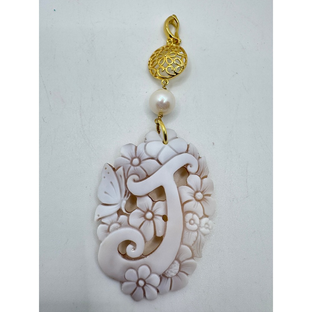 Carved Shell Cameo Initial J Floral Butterfly Pearl Pendant Gold Tone